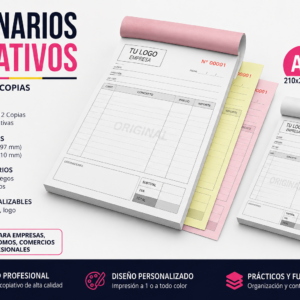 Talonarios copiativos personalizados A4 y A5 con original y 2 copias autocopiativas, 50 juegos numerados y logo de empresa