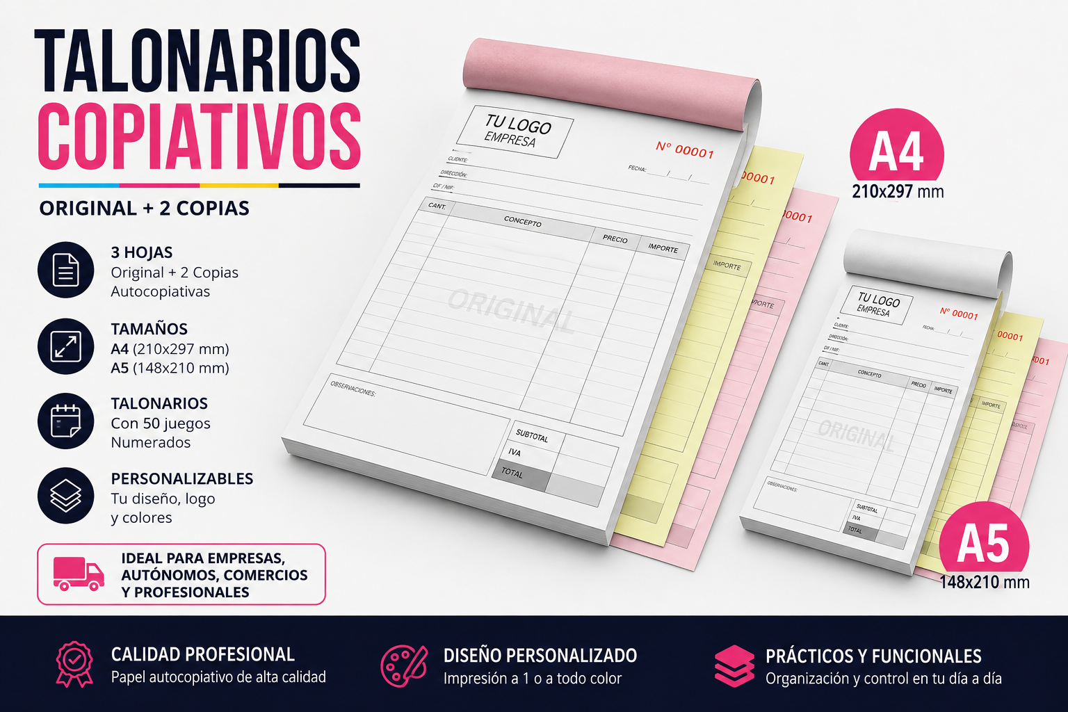 Talonarios copiativos personalizados A4 y A5 con original y 2 copias autocopiativas, 50 juegos numerados y logo de empresa