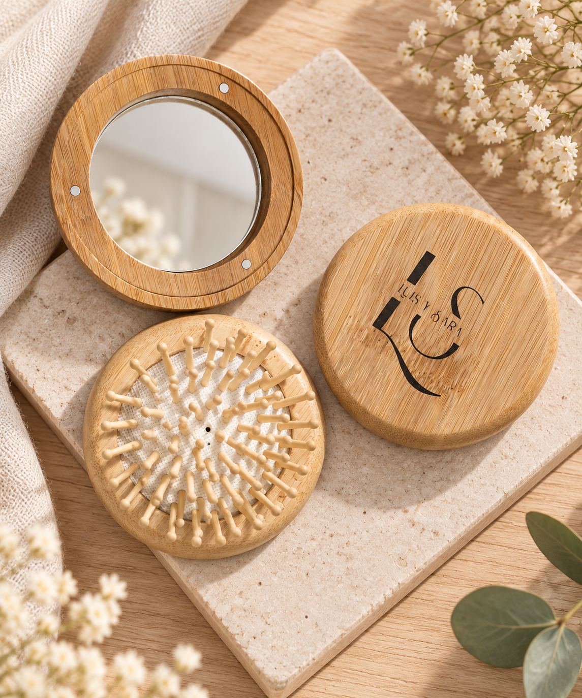 Cepillo de Pelo de Bambú Personalizado con Espejo