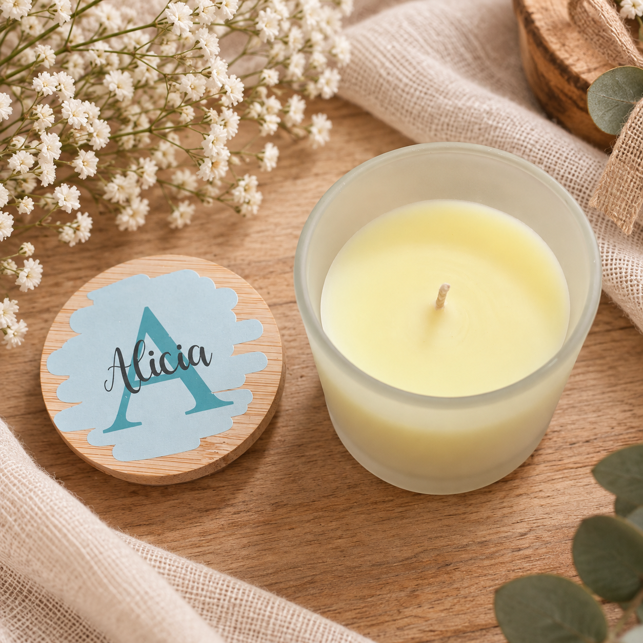 Vela personalizada con tapa de madera